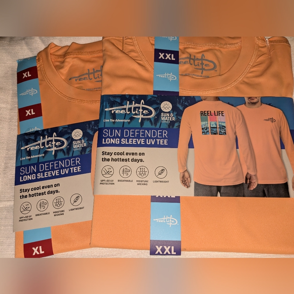 Reel Life Sun defender long sleeve UV tee. Mens size XL & XXL